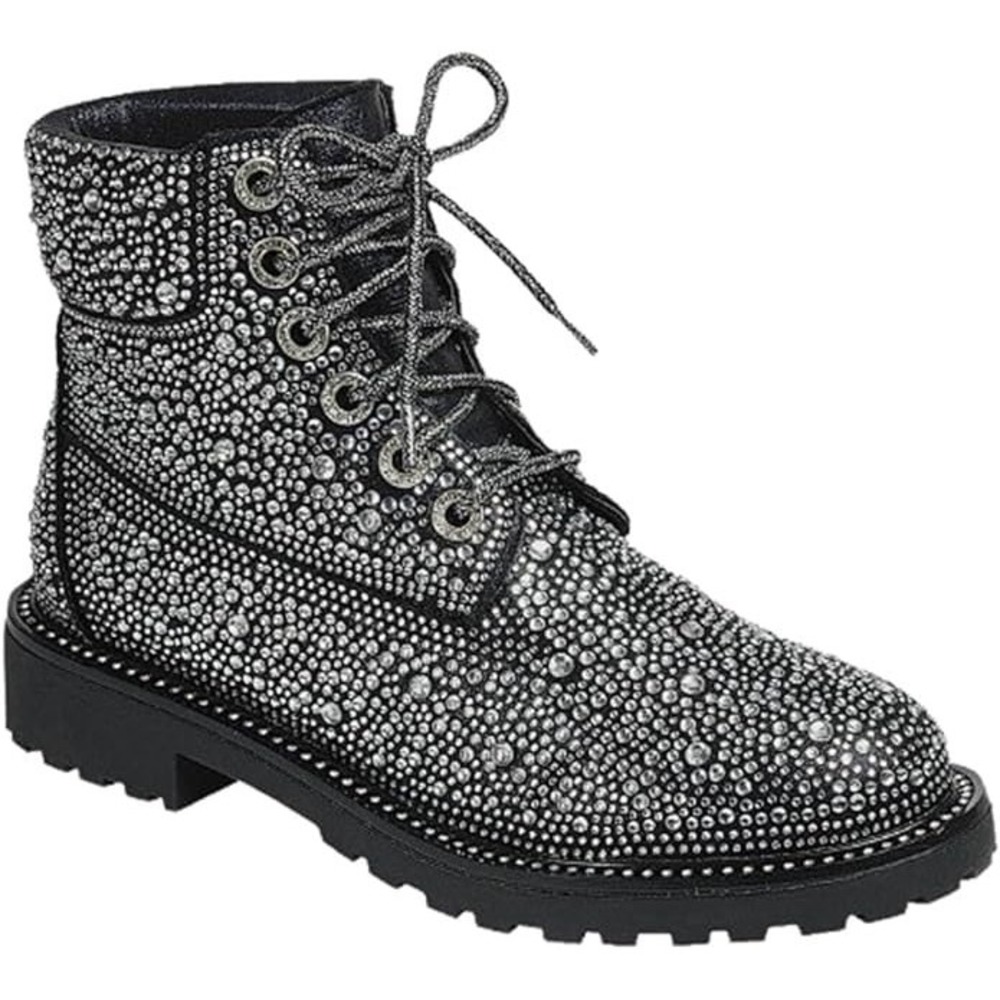 Bella Marie Rhinestone Combat Boots Black Metallic Suede Sparkle Size 8.5 Women